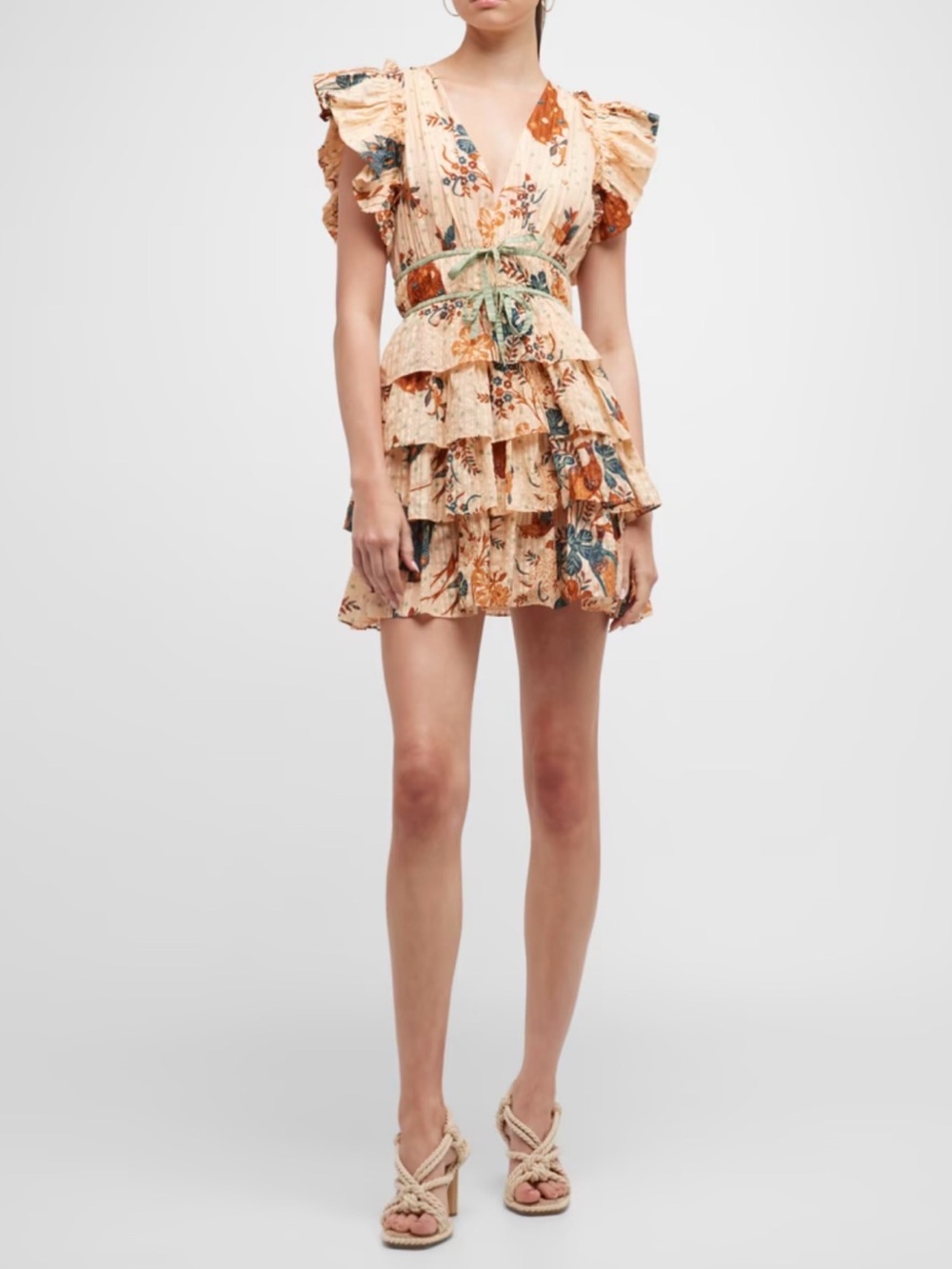 Ulla Johnson Marni Floral Ruffled Mini Dress In Egret Rose SZ 10